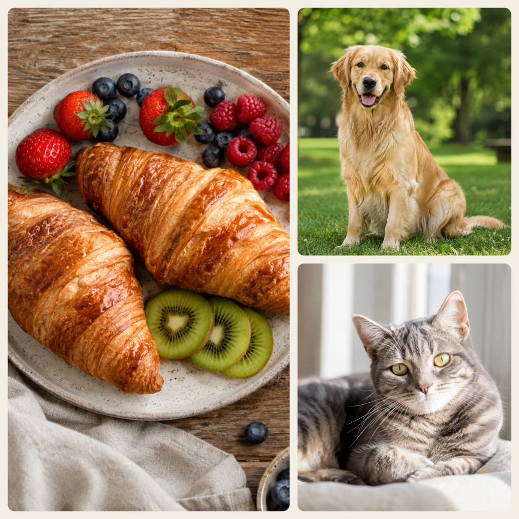 Asymmetric collage with dog, cat and breakfast photos in mixed cell sizes