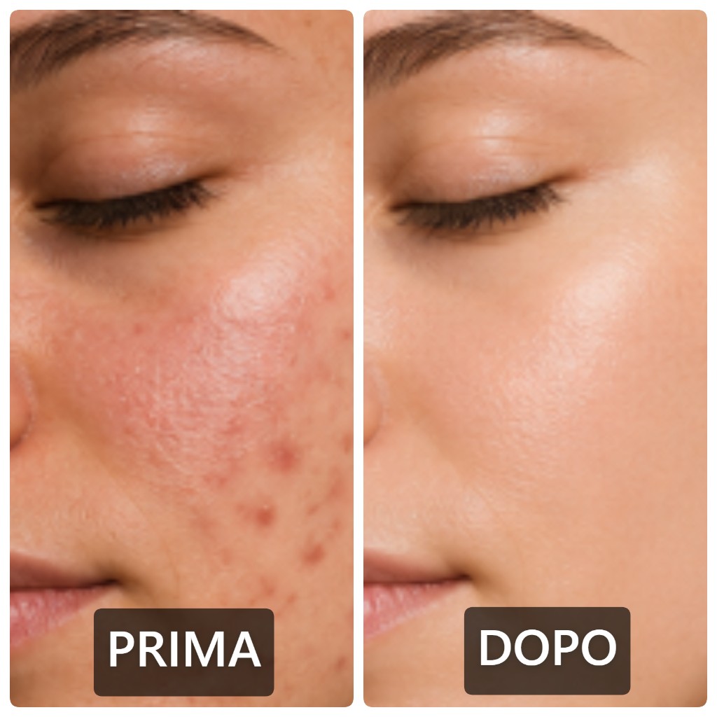 Side-by-side skin treatment comparison with Prima and Dopo labels