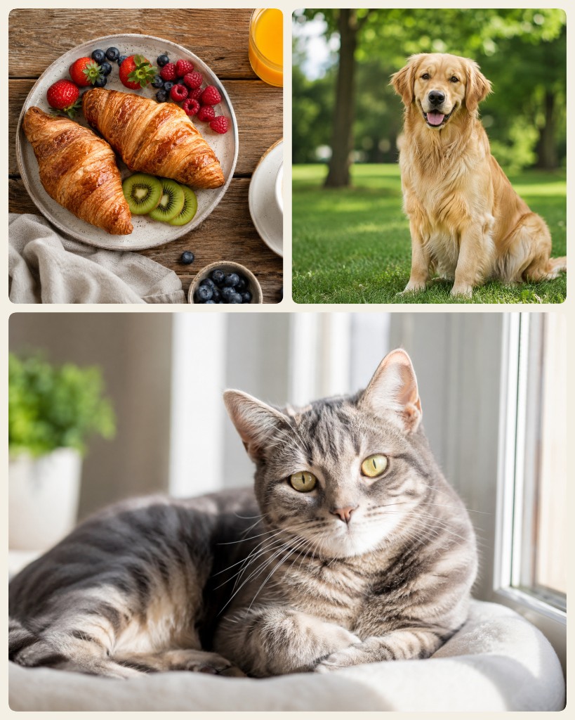 Collage con colazione sopra e cane e gatto sotto