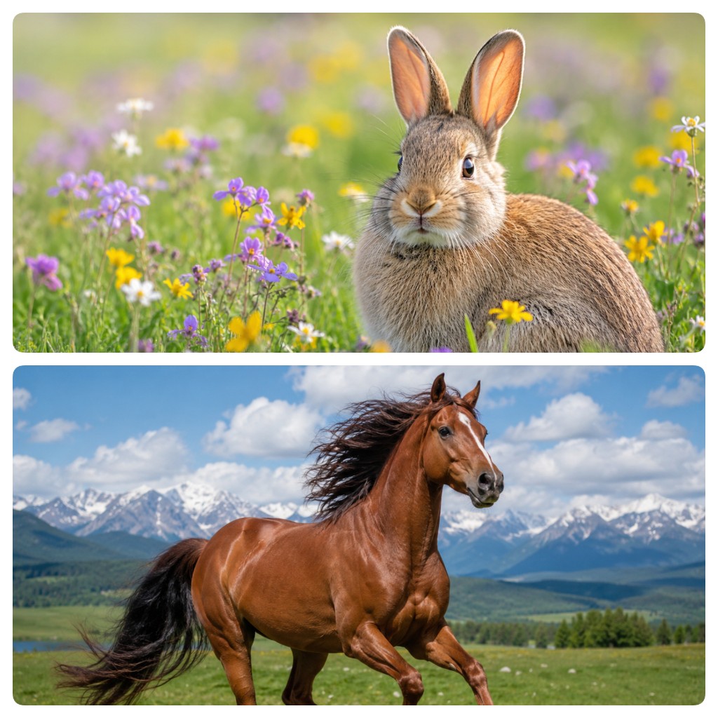 Stacked before and after with rabbit above horse