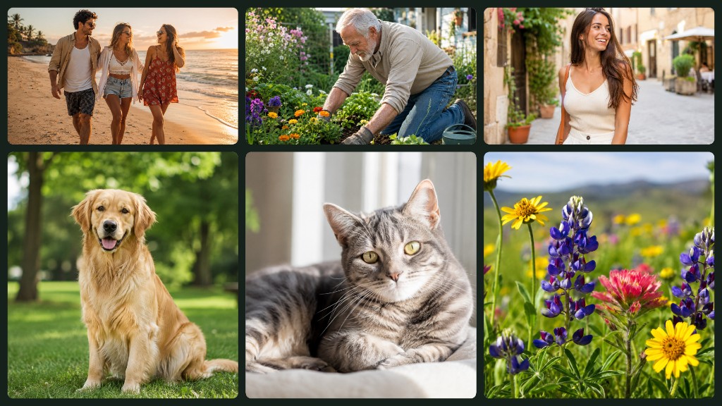 Collage panoramico con colazione, cane e gatto