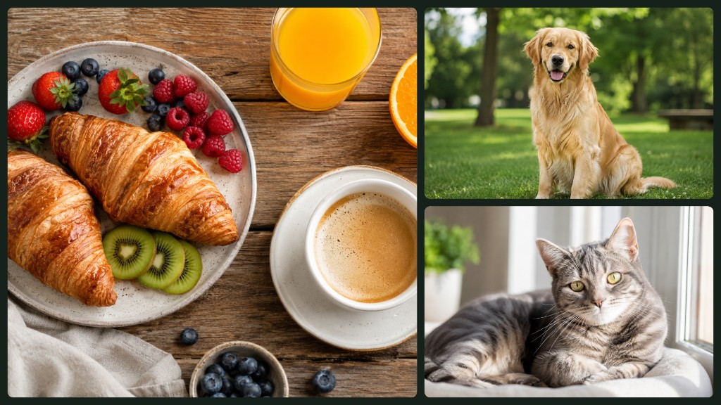 Wide Facebook collage with breakfast, dog and cat photos