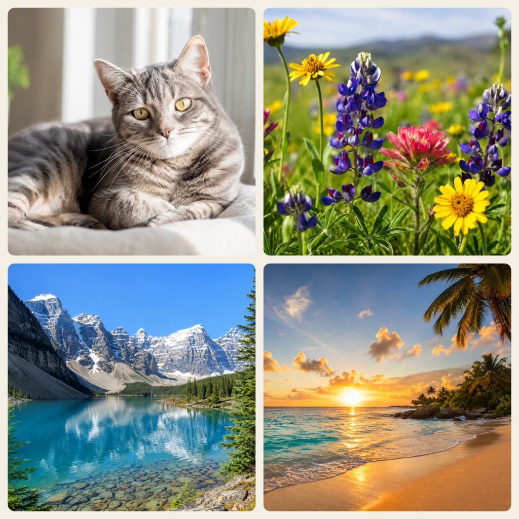 Griglia 2x2: gatto, fiori, lago di montagna e tramonto in spiaggia