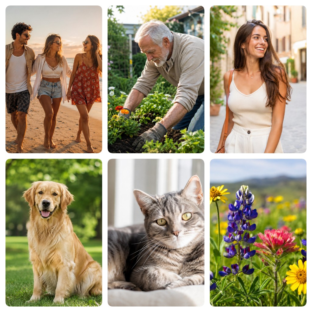 Griglia 2x3 viaggio: spiaggia, giardinaggio, città, cane, gatto e fiori
