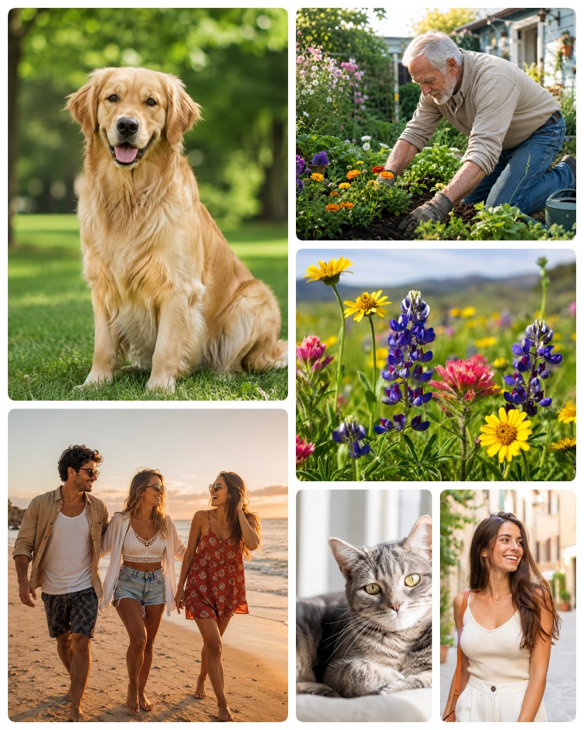 Asymmetric mood board with dog, gardener, wildflowers, beach, cat and city portrait