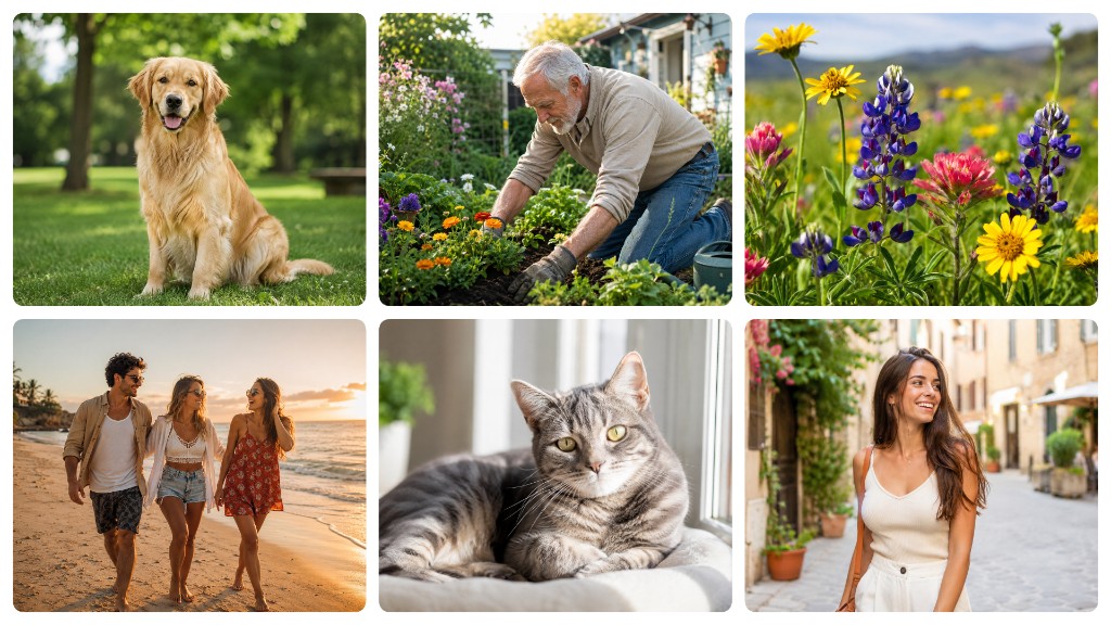 Asymmetric travel mosaic with dog, gardener, flowers, beach, cat and city portrait
