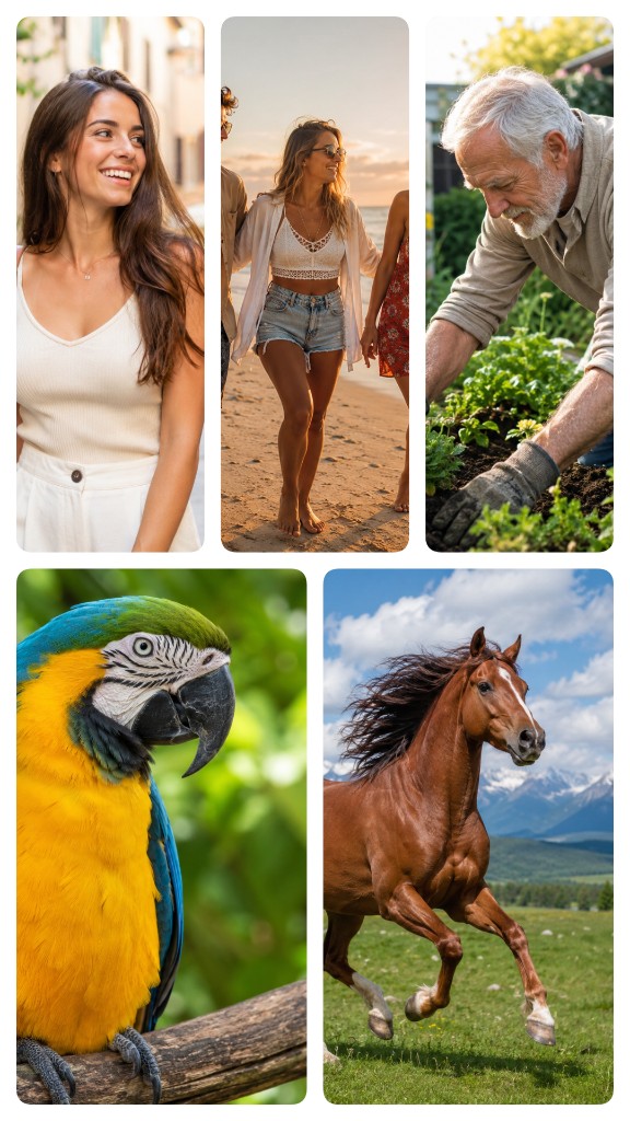 Pinterest hero pin with city portrait, beach and gardening shots, macaw and horse