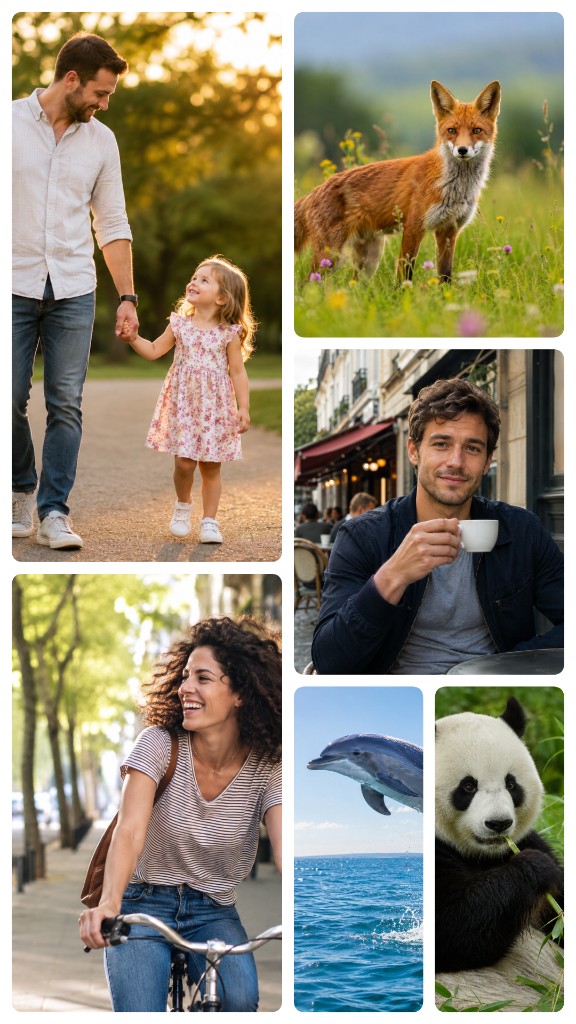 Vertical mosaic template with family, fox, cafe, bike, dolphin and panda