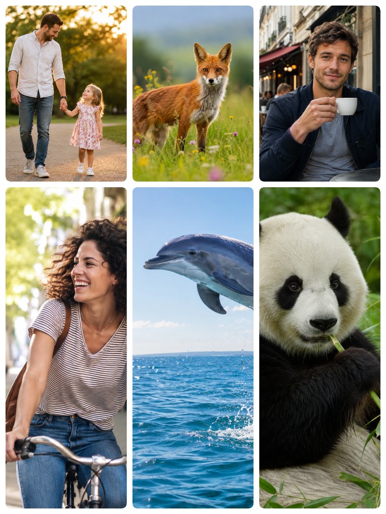 Pinterest pin with tall bottom row: family, fox, cafe, bike, dolphin and panda