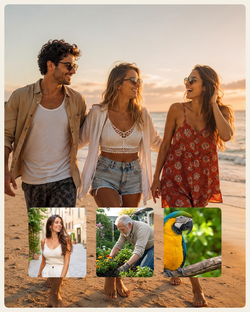 Collage storia con hero spiaggia e tre strisce verticali