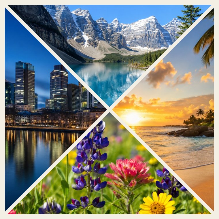 Diagonal collage: alpine lake, sunset beach, wildflowers and city skyline in an X-split layout