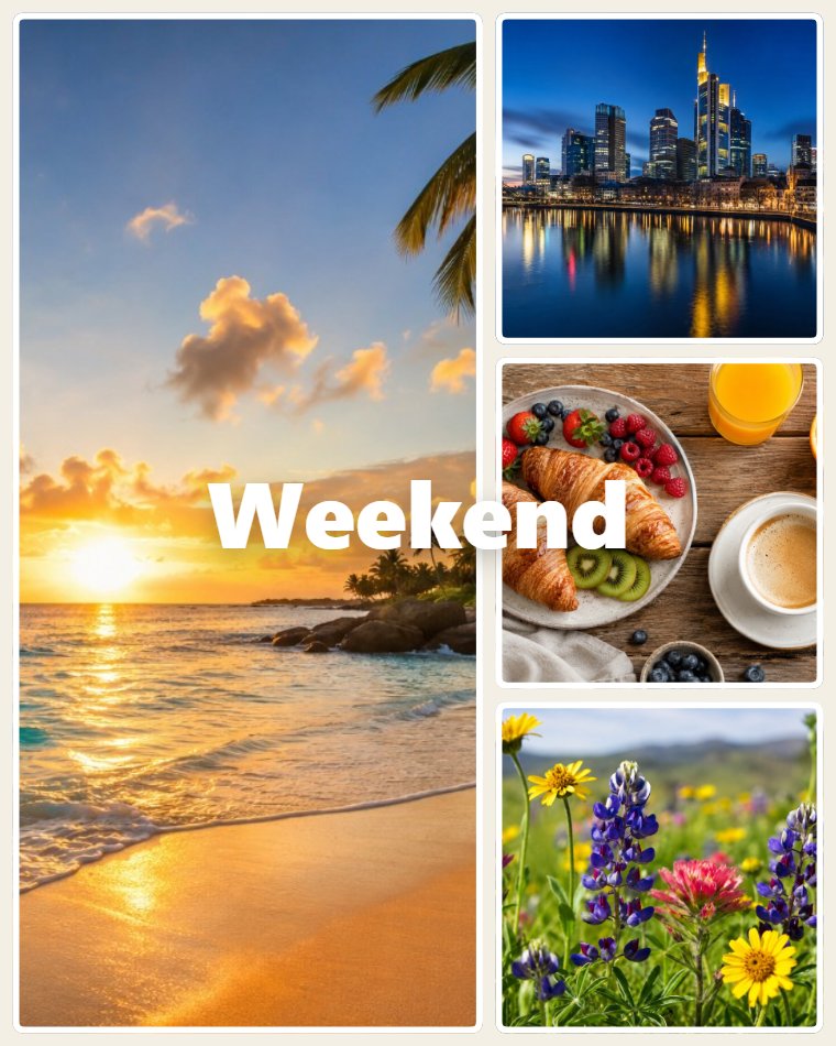 Portrait collage with sunset beach hero photo, Weekend caption, city skyline, breakfast and wildflowers