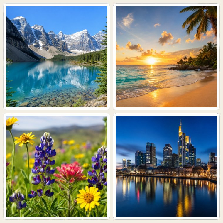 2x2 photo grid: mountain lake, tropical beach, wildflower meadow and city skyline with white borders