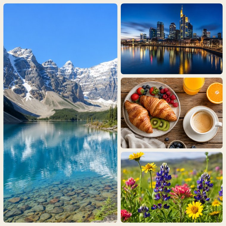 Mosaic collage: mountain lake, city skyline, breakfast spread and wildflower meadow